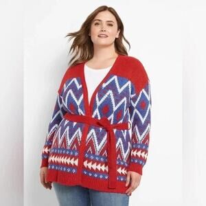 Lane Bryant fair aisle, blue & red Cardigan Tie Waist holiday winter plus size